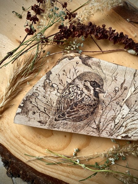 Support fleurs s&eacute;ch&eacute;es sur recto &laquo;&nbsp;moineau friquet&nbsp;&raquo; verso &laquo;&nbsp;m&eacute;sange charbonni&egrave;re&nbsp;&raquo; * vendu*